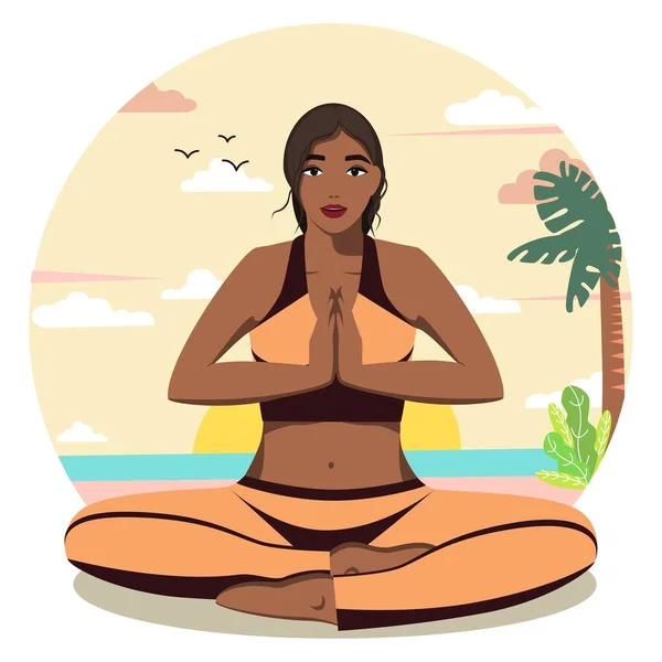 Yoga Nature Banner Girl Meditating Nature Graphics Vector Cartoon Flat —  Vetores de Stock