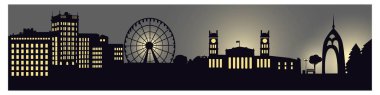 Harkiv. Harkov şehrinin silueti. Vektör. Grafikler. Siyah renk. Şehir merkezi. Güney İstasyonu, meydan, elçilik, anıt, sokak, lunapark, dönme dolap