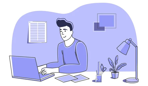 Bilgisayardaki ofis çalışanı. Renkli çizgi film karakteri. Evde çalışmak, serbest çalışmak, kurslar, boş zaman, iletişim, karantina, web sayfası tasarımı, reklamcılık için kullanılabilir. Vektör. 
