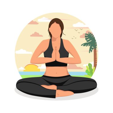 Yoga dersi doğada var. Lotus pozisyonunda yoga yapan bir karakter. Kumsalda. Güneş ve su. Okyanus. Palmiye ağaçları ve bitkiler. Arka planda doğanın resmi. Dinlen. Tedavi için. Çalış. Serbest çalışıyorum. Vektör.