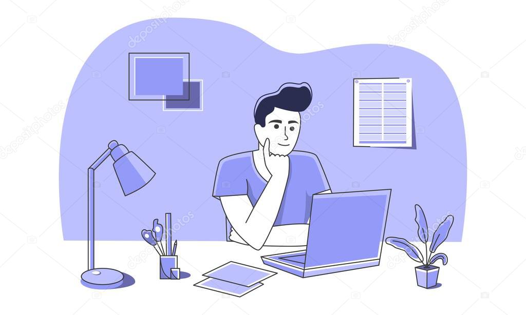 A guy is looking at a laptop monitor. The process takes place at the computer desk at home or in the office. Thinking, working, creating, relaxing. Cartoon character in fashionable style. Vector.