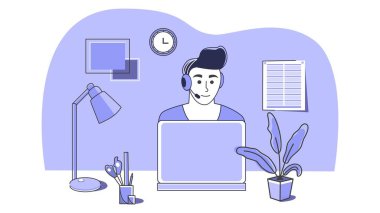 Kulaklıkla bilgisayarda çalış. Müşteri hizmetleri. Mikrofona konuşuyorum. Çağrı merkezinde çalışmanın karikatür çizimi. Serbest çalışıyorum. Evde çalış. Vektör.