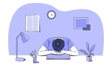 Yorucu bir çalışmanın yorgunluğu. Ofis çalışanı iş yerinde uyur. İş sırasında kişinin fiziksel durumu konsepti. Sağlık ve ilaç. Serbest takılıyorum. Stres yüzünden. Duyarsızlık. Uykusuzluk. Vektör.