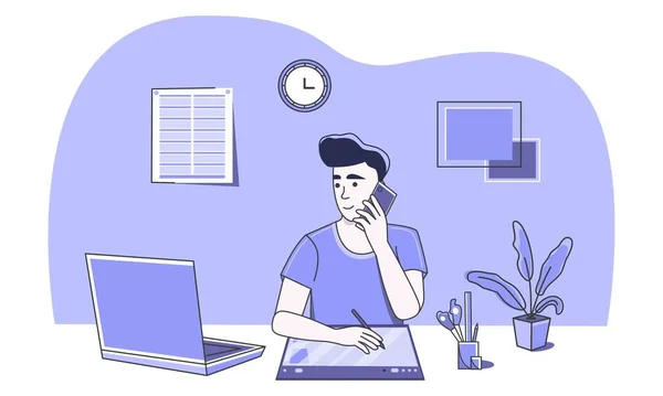 Grafik tableti çiziyorum. Grafik tasarımcısı bir projeyi tartışıyor. Müşteriyle mobil iletişim kullanarak iletişim kur. Evden ya da ofisten çalış. Serbest çalışıyorum. Para kazan. Web tasarımı.