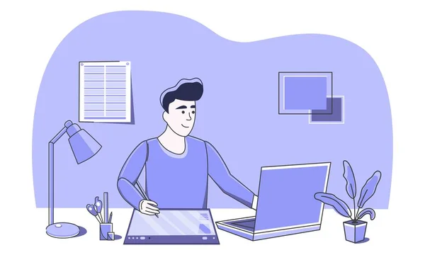 Grafik tasarımcısı. Adamın biri grafik tabletine resim çiziyor. Serbest çalışıyorum. İş. Hobiler. Dersi çalışıyorum. Web tasarımı. Vektör. Modaya uygun mor renk. Trend. Çizgi film.