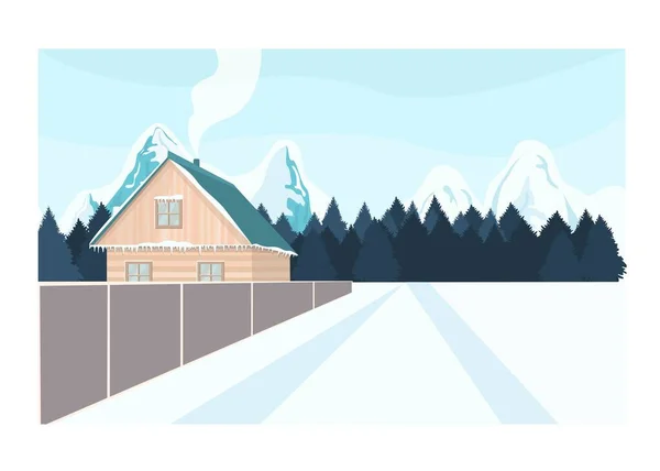 Uma Casa Aldeia Inverno Desenho Gráficos Vector Paisagem Natureza Árvores — Vetor de Stock