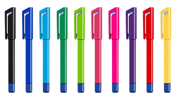 Collection Writing Pens Ten Bright Colors Corrector Vector Graphics Can — Vetor de Stock