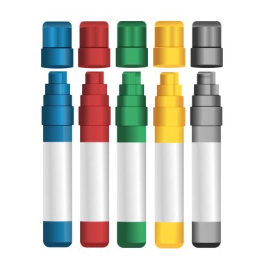 Farklı renklerin işaretleri. Bir takım ofis malzemeleri. Gerçekçi vektör grafikleri. Yazdırma, reklam, çıkartma, şablon, web tasarımı için kullanılır..