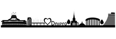 Dnipro şehrinin silueti. Vektör. Grafikler. Siyah renk. Merkez. Güney istasyonu, meydan, sirk, kilise, park, anıt, ara sokak, köprü, dinlenme alanı. Yakın plan..