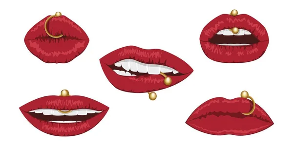 Lips Piercings Set Emotion Mood Vector Graphics Used Stickers Magazines — Vettoriale Stock