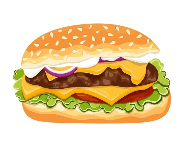 Hamburger. Bun, patty, tomato, cheese, salad greens, onions, sauce.  Fast Food. Graphics. Cartoon. Vector. Close-up. 