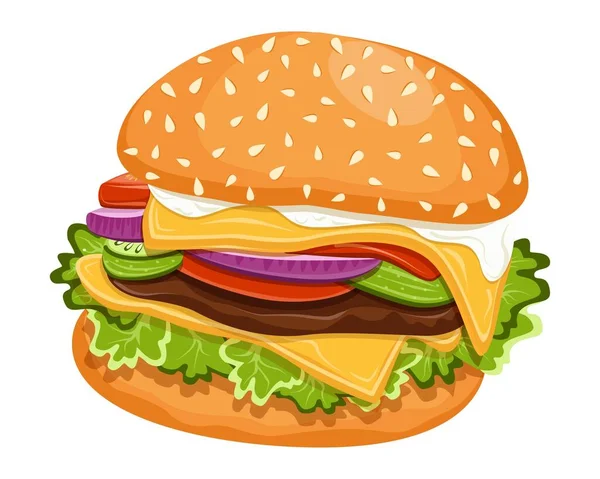 Гамбургер Булочка Пирожок Помидор Сыр Салат Лук Соус Фаст Фуд — стоковый вектор