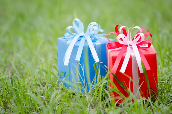 Rote und blaue Geschenkschachtel auf dem Rasenplatz — Stockfoto