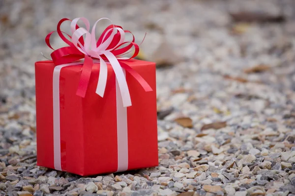 Red gift box on the rock — Stock Photo, Image
