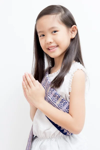 Petit asiatique enfant bienvenue expression Sawasdee . — Photo