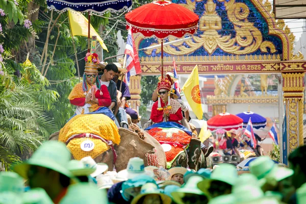 Sukhothai, thailand - 7 april: niet-geïdentificeerde mensen in de traditie van het sri satchanalai district voor het wijden een hele groep van nieuwe monniken met olifanten op 7 april 2014 in sukhothai, thailand. — Stockfoto