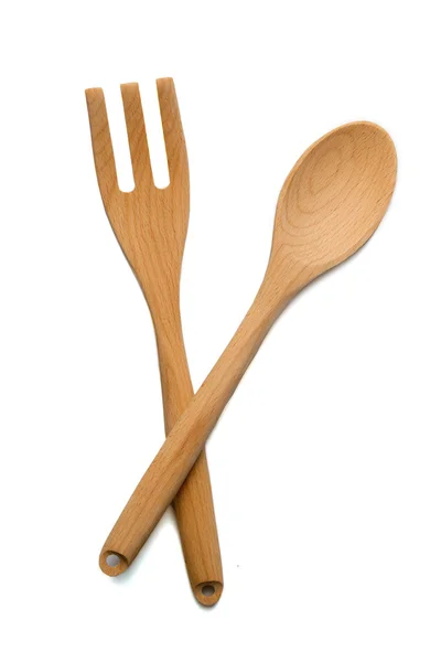 木汤匙和叉子在孤立的背景上 — 图库照片