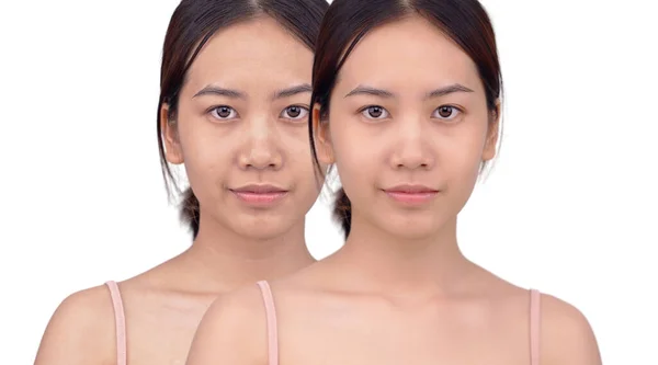 Makyajdan Önce Sonra Güzel Bir Asyalı Genç Kadının Yüz Ifadesi — Stok fotoğraf