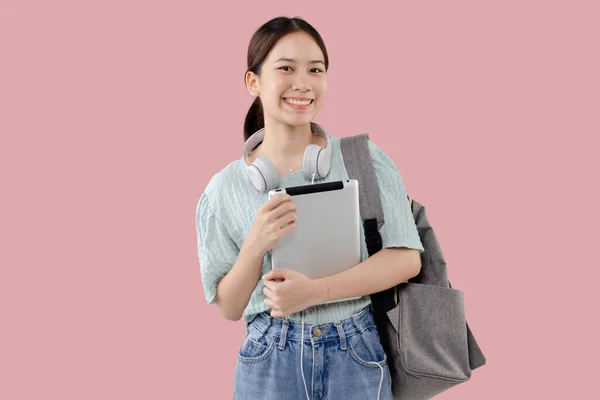 Happy Young Asian Student Girl Holding Tablet Computer Isolated Pink — Photo