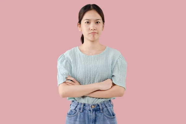 Beautiful Young Asian Girl Thinking Closing Arms Concept Content Doubt — Φωτογραφία Αρχείου