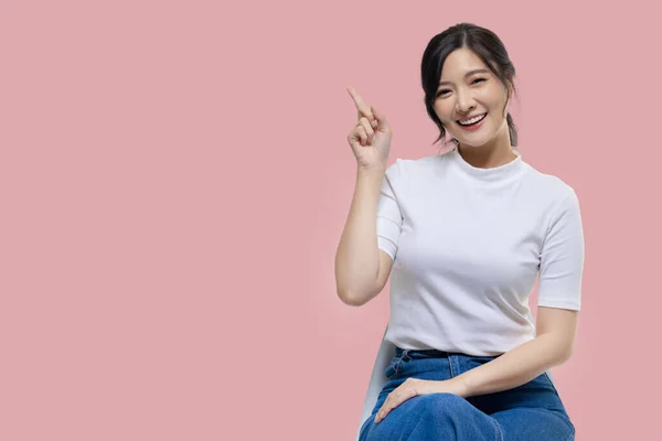 Happy Young Asian Woman Feeling Happiness Gesture Pointing Finger Isolated — ストック写真