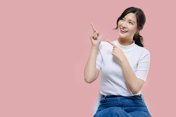 Happy Young Asian Woman Feeling Happiness Gesture Pointing Finger Isolated — Stok fotoğraf