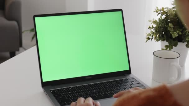 Young Asian Woman Using Laptop Computer Home Green Blank Monitor — Vídeo de Stock