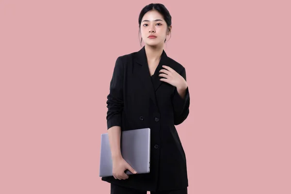 Young Modern Business Asian Woman Holding Laptop Computer Isolated Pink — Photo