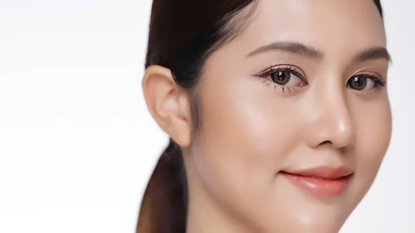 Closeup Beauty Young Asian Woman Face Looking Camera Isolated White — 스톡 사진