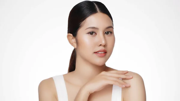 Beauty Young Asian Woman Face Looking Camera Isolated White Background — Stockfoto