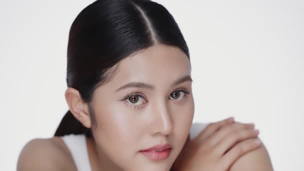Close Beautiful Female Model Perfect Fresh Clean Skin Looking Camera — Stock Video