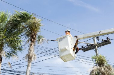 Electrician worker in cherry picker solve palm leaf and protect clipart