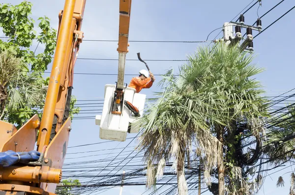 Elektricien werknemer in cherry picker oplossen palmtak en beschermen — Stockfoto