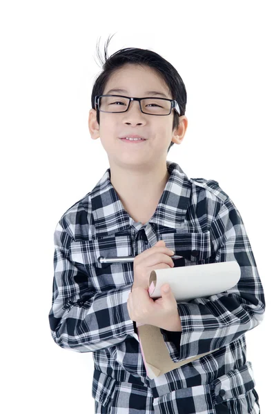 Schattige kleine jongen rekening met bril isoleren op witte backgr — Stockfoto
