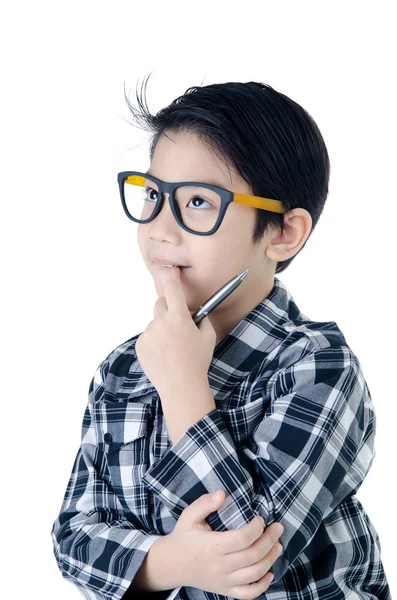 Cute little boy look like think about that with eye glasses isol — Stock Photo, Image