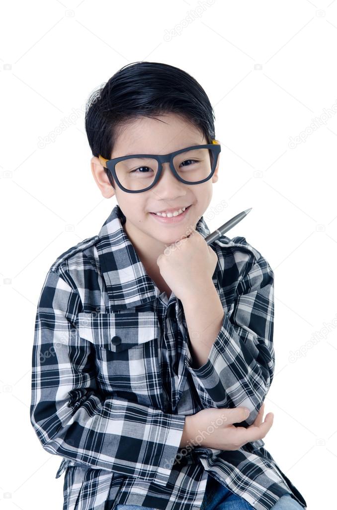 Cute little boy smile with eye glasses isolate on white backgrou