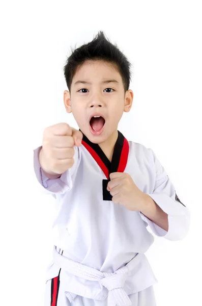 Taekwondo actie door een Aziatische schattige jongen — Stockfoto