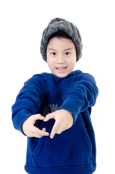 Piccolo asiatico sorriso ragazzo indossare inverno abiti — Foto Stock