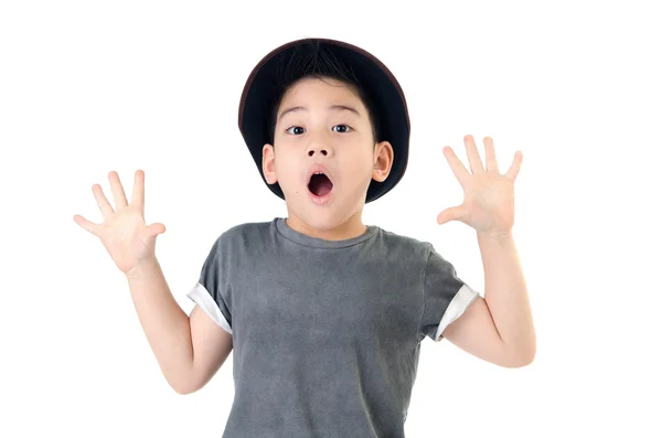 Linda cara sorpresa niño pequeño con sombrero aislado en backgrou blanco —  Fotos de Stock