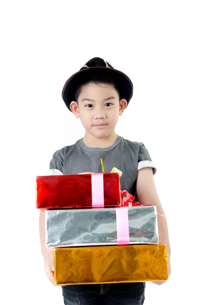 Cute little boy with gift box — Stock Photo, Image