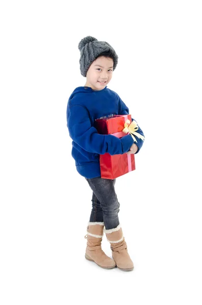 Pequeño asiático lindo chico con regalo caja —  Fotos de Stock