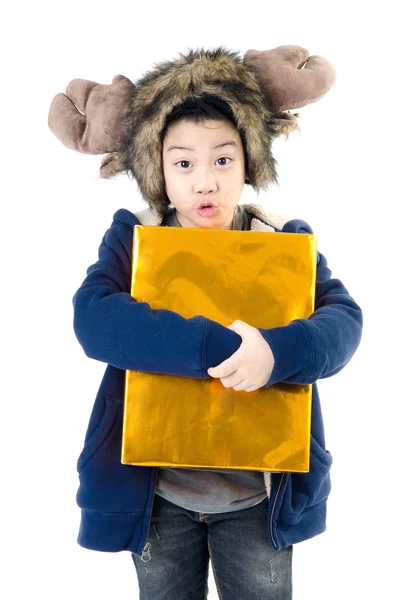 Piccolo asiatico carino ragazzo con regalo scatola — Foto Stock