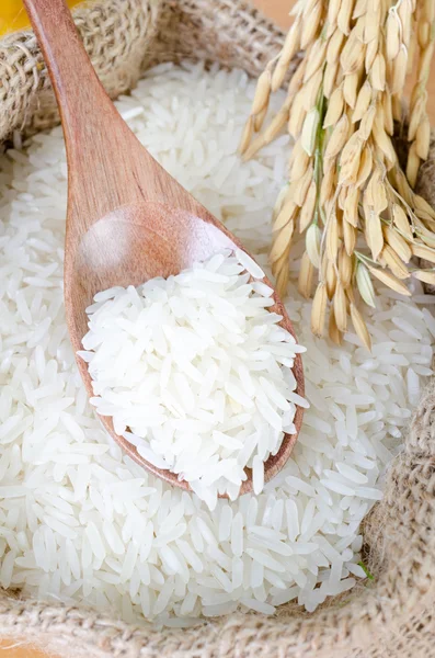Cucchiaio di legno con riso crudo — Foto Stock