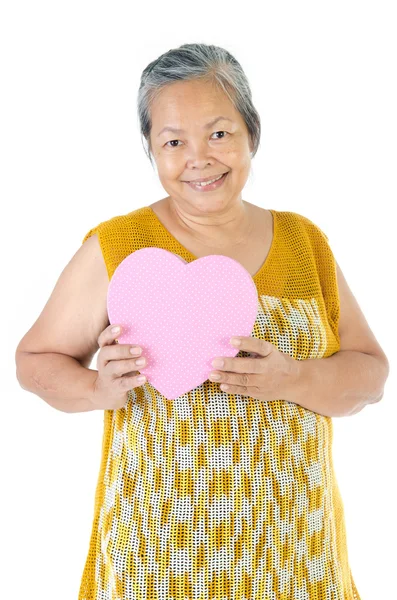 Asijské starší žena držící dárkový box — Stock fotografie