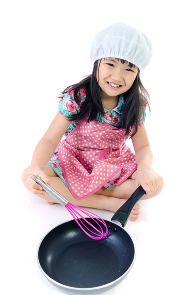 Pouco asiático menina com cozinha ware conceito — Fotografia de Stock