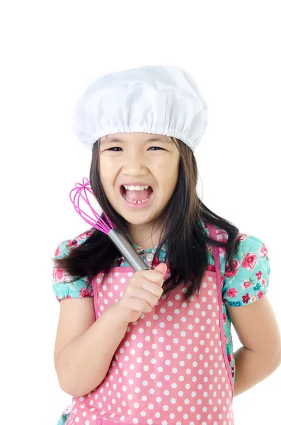 Piccola ragazza asiatica con concetto di cucina ware — Foto Stock