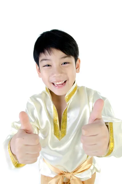 Aziatische gelukkig jongen in Thaise kostuum op witte achtergrond . — Stockfoto