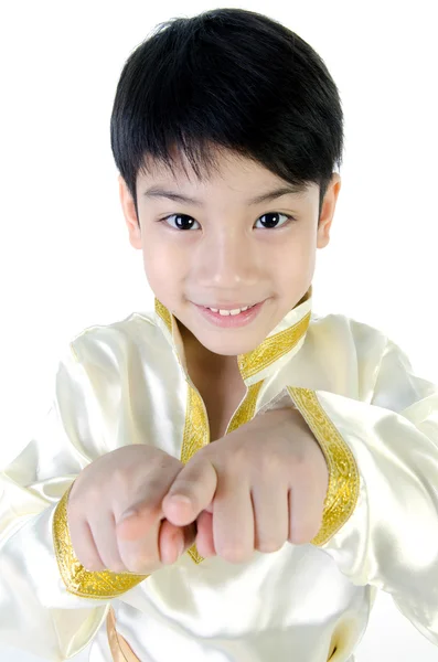 Ázsiai boldog fiú a thai jelmez fehér háttér . — Stock Fotó
