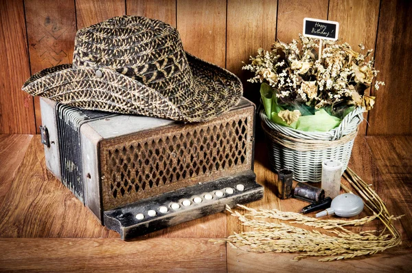 Still life on concept bandoneon on wooden background — Stock Photo, Image