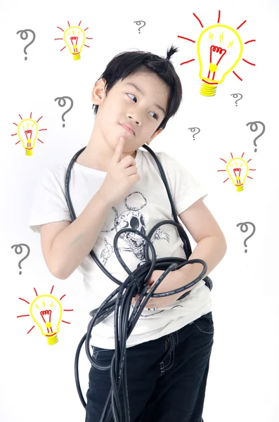 Portrait of Asian cute boy with electric wire cable, Energy conc — Stock Photo, Image